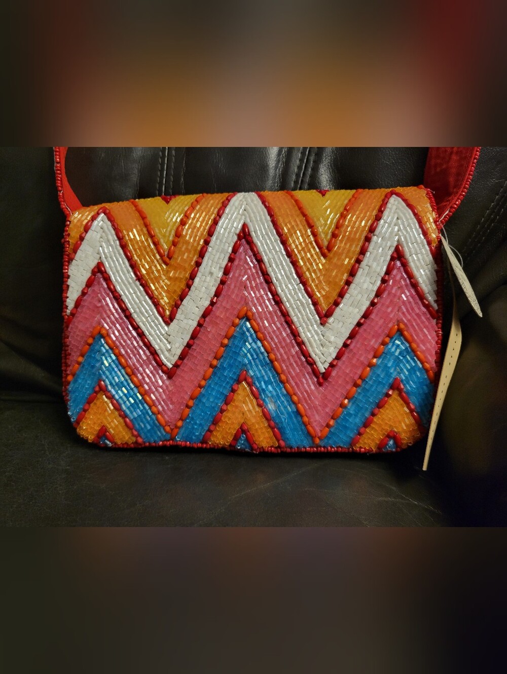 Viral Beaded Chevron Beaded Shoulder Bag Purse Red, Pink, Orange Hand Made India